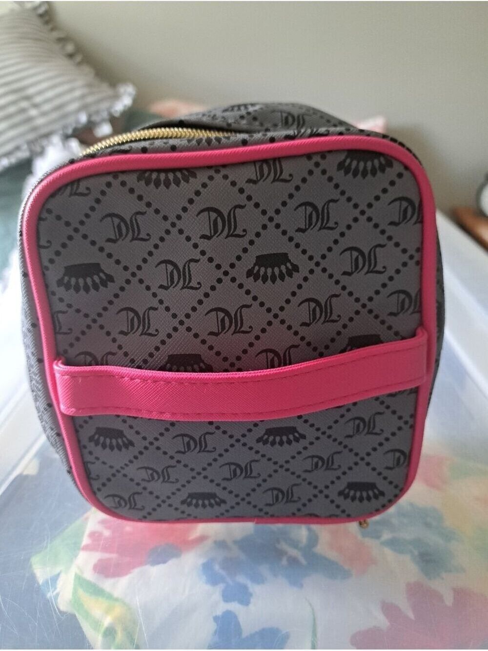 Juicy Couture Monogram Cosmetic Travel Case with Hot Pink Trim square zip around
